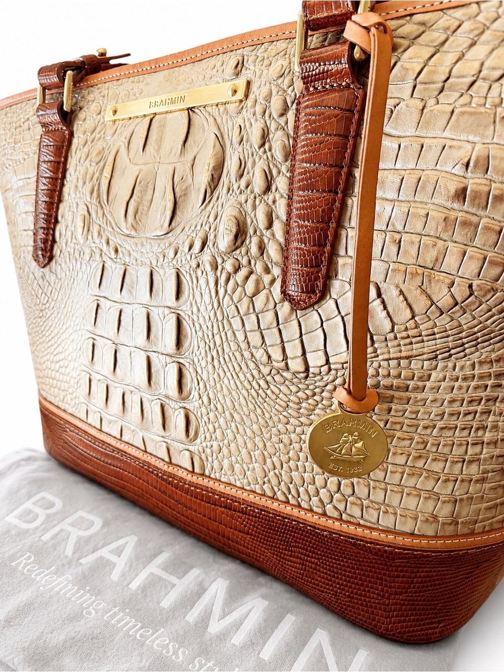 BRAHMIN Croc Embossed Tote Bag – Beige/Brown Colorblock - Picture 3 of 10